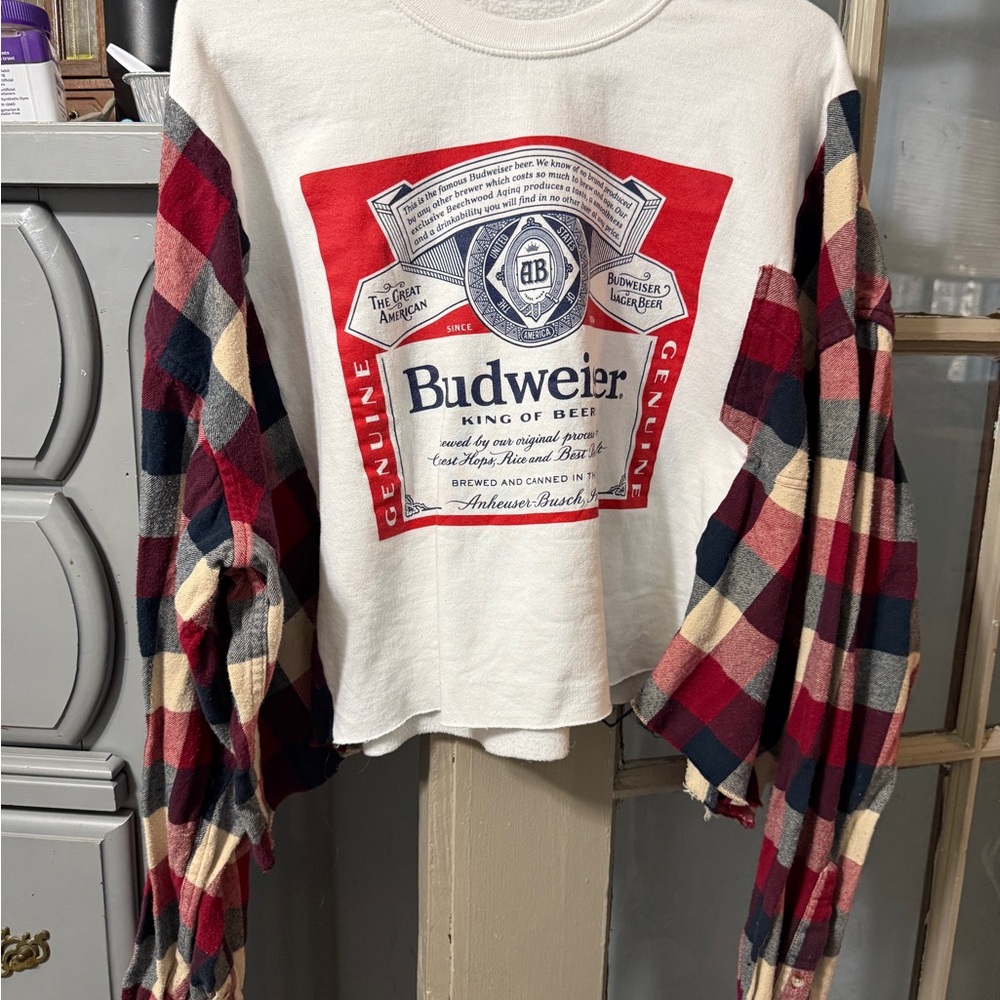 Handmade Upcycled Budweiser Graphic Crop Top with Plaid flannel Sleeves